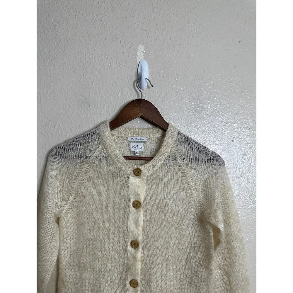 L.L.Bean Mohair Cardigan Sweater Fuzzy Sheer Halo Knit Ivory Womans XS